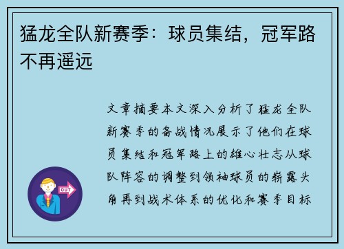 猛龙全队新赛季：球员集结，冠军路不再遥远