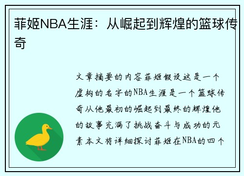 菲姬NBA生涯：从崛起到辉煌的篮球传奇