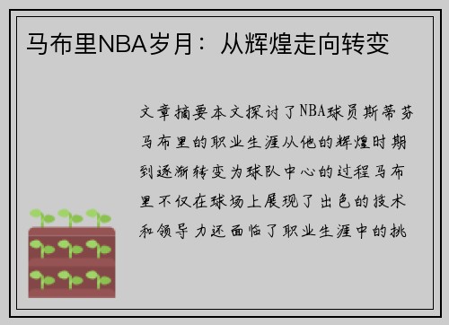 马布里NBA岁月：从辉煌走向转变
